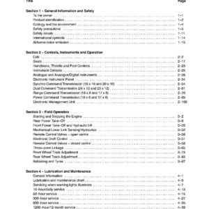 Op de afbeelding: Een zwart-wit documentpagina met de titel CONTENTS, met een lijst van vier secties: General Information and Safety, Controls, Instruments and Operation, Field Operation en Lubrication and Maintenance, met de bijbehorende paginanummers.