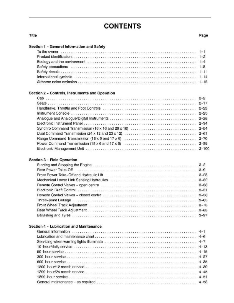 Op de afbeelding: Een zwart-wit documentpagina met de titel CONTENTS, met een lijst van vier secties: General Information and Safety, Controls, Instruments and Operation, Field Operation en Lubrication and Maintenance, met de bijbehorende paginanummers.