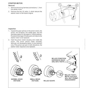May include: Diagram from a manual showing the testing of a starter motor. The image includes illustrations of the starter motor, its components, and wear patterns. Text explains removal and inspection procedures for the motor.