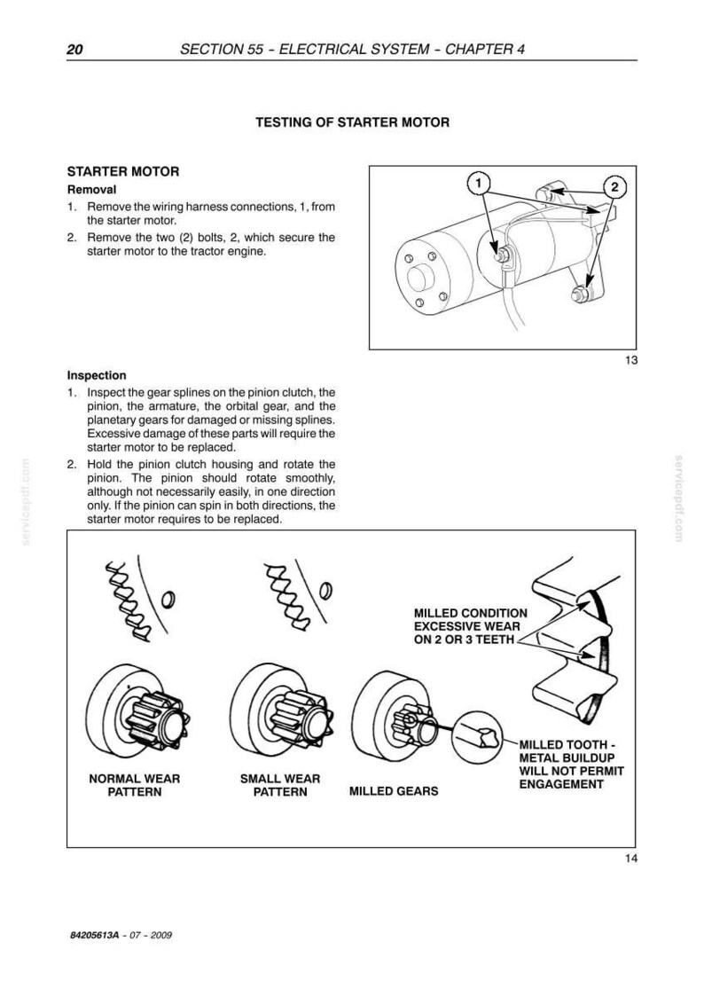 May include: Diagram from a manual showing the testing of a starter motor. The image includes illustrations of the starter motor, its components, and wear patterns. Text explains removal and inspection procedures for the motor.