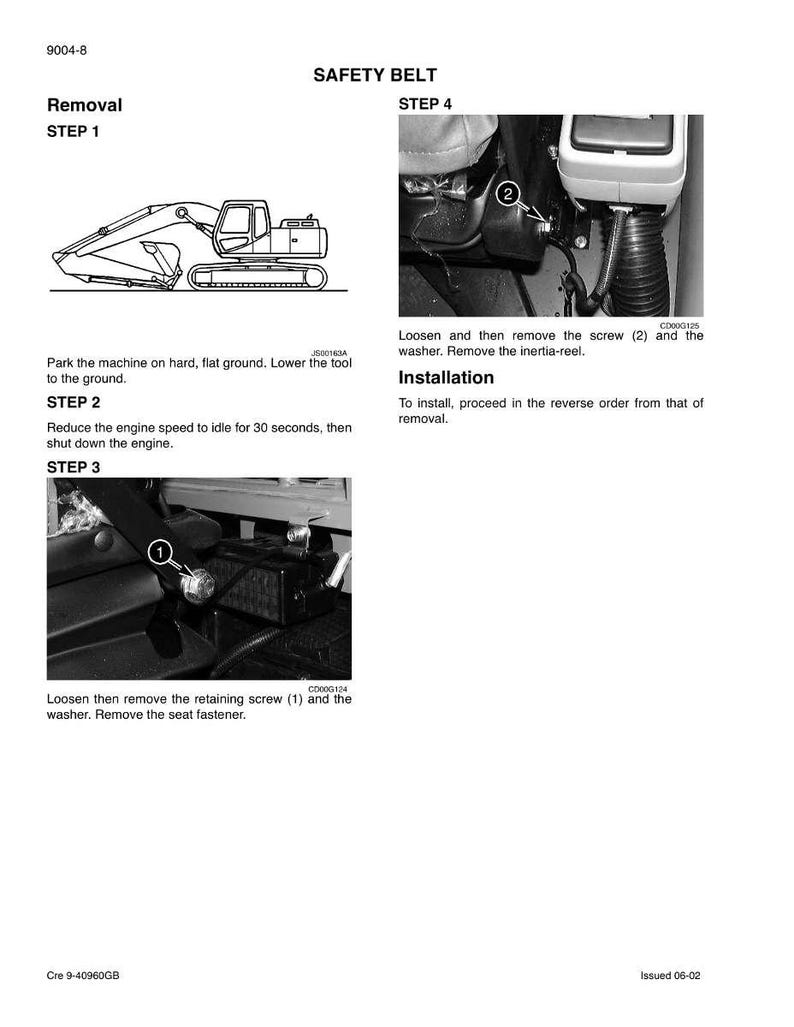 May include: A black and white diagram detailing safety belt removal and installation. The diagram includes instructions and close-up images of the process, with numbered steps and labels for components.