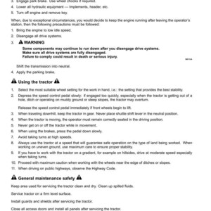 Puede incluir: Un documento blanco con texto negro proporciona instrucciones de seguridad para el funcionamiento del tractor. El documento cubre temas como estacionamiento, frenado y mantenimiento general. Incluye advertencias y pautas para el uso seguro del tractor.