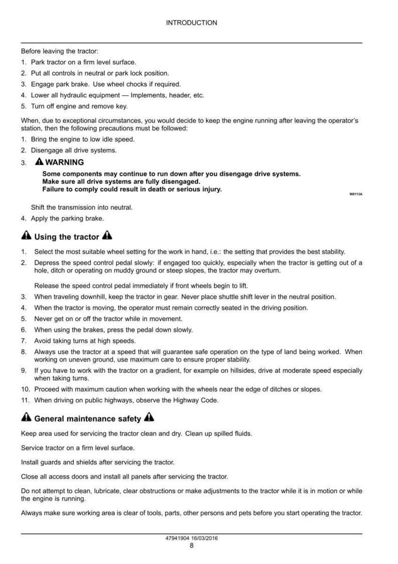 Puede incluir: Un documento blanco con texto negro proporciona instrucciones de seguridad para el funcionamiento del tractor. El documento cubre temas como estacionamiento, frenado y mantenimiento general. Incluye advertencias y pautas para el uso seguro del tractor.