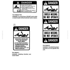 May include: A technical document page titled SECTION 90 - SAFETY DECALS featuring three black and white danger warning labels. Labels 3, 4, and 5 include hazard icons, the word DANGER, and specific safety instructions regarding hydraulic lifts and drivelines.
