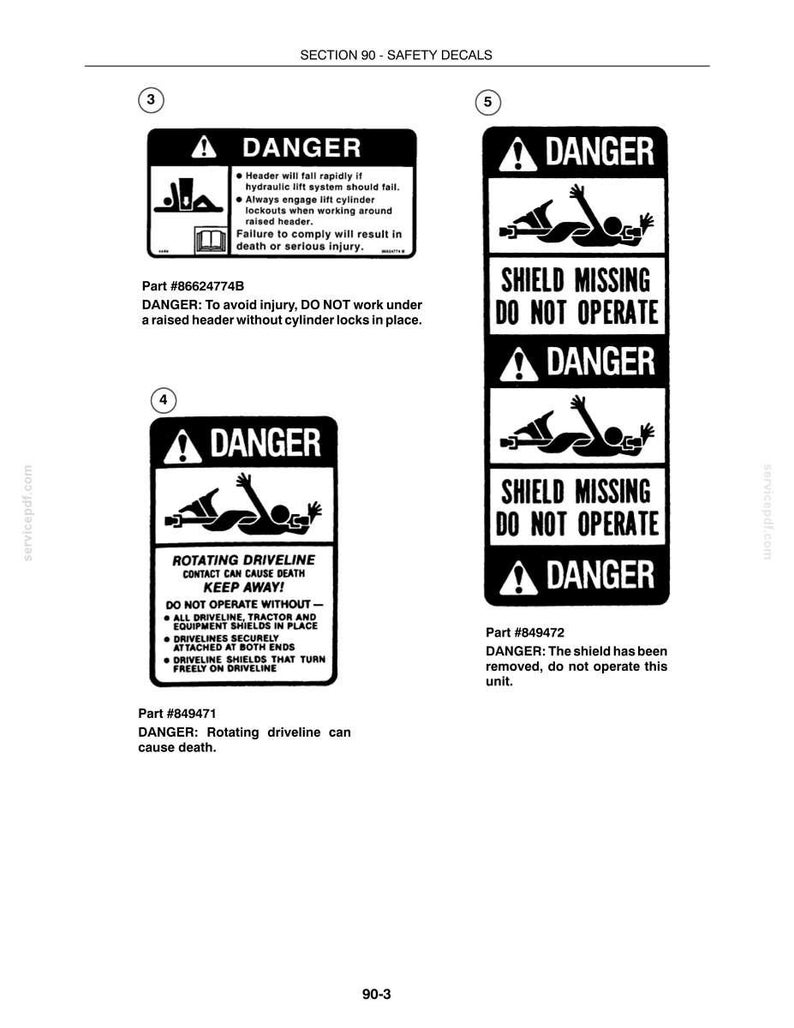 May include: A technical document page titled SECTION 90 - SAFETY DECALS featuring three black and white danger warning labels. Labels 3, 4, and 5 include hazard icons, the word DANGER, and specific safety instructions regarding hydraulic lifts and drivelines.