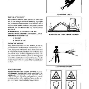 May include: A technical document page titled 1. SAFETY PRECAUTIONS featuring black and white instructional diagrams. It includes sections on tools, setting the attachment, cleaning the machine, and stopping the engine with icons for each procedure.