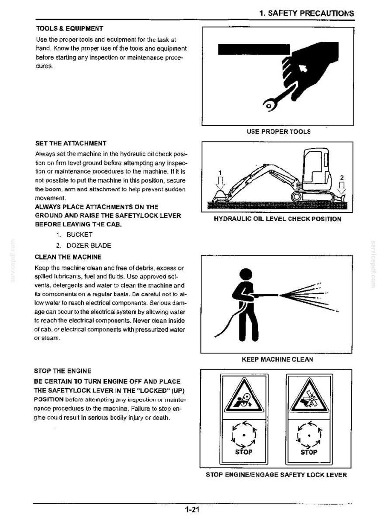 May include: A technical document page titled 1. SAFETY PRECAUTIONS featuring black and white instructional diagrams. It includes sections on tools, setting the attachment, cleaning the machine, and stopping the engine with icons for each procedure.