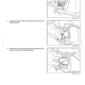May include: Diagram of an HVAC control system installation, with close-up views of blower motor components. Instructions include tightening a hose clamp, installing a mounting strap, and securing bolts. Text includes "Electrical systems - Heating, Ventilation, and Air-Conditioning (HVAC) control system."