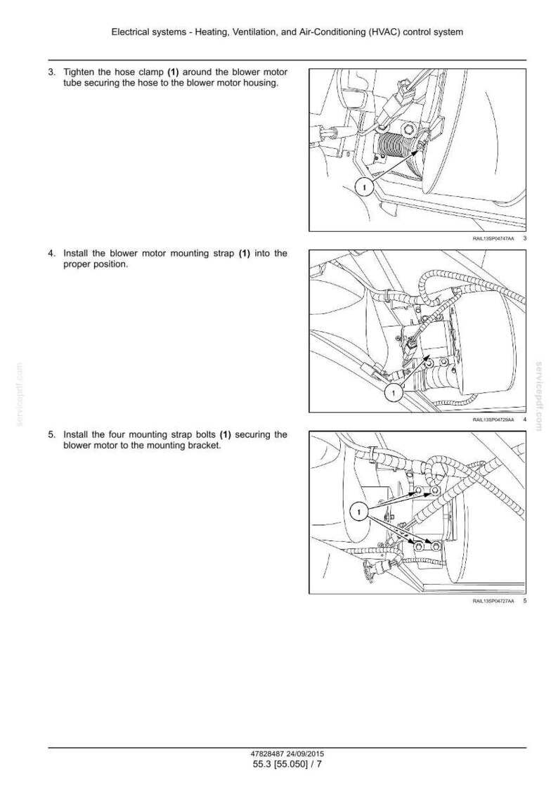May include: Diagram of an HVAC control system installation, with close-up views of blower motor components. Instructions include tightening a hose clamp, installing a mounting strap, and securing bolts. Text includes "Electrical systems - Heating, Ventilation, and Air-Conditioning (HVAC) control system."