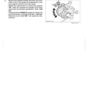 May include: Diagram of a bevel gear assembly with labels and instructions for measuring backlash. The text includes specifications in millimeters and tool numbers. The image is a technical illustration.