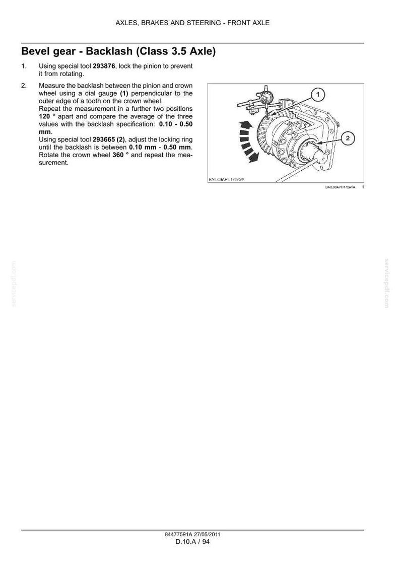 May include: Diagram of a bevel gear assembly with labels and instructions for measuring backlash. The text includes specifications in millimeters and tool numbers. The image is a technical illustration.