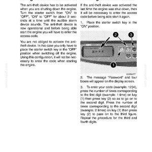 May include: A page from an instruction manual detailing the use of an anti-theft device. The text explains how to activate the device and enter an access code, with diagrams of a control panel and numbered buttons.