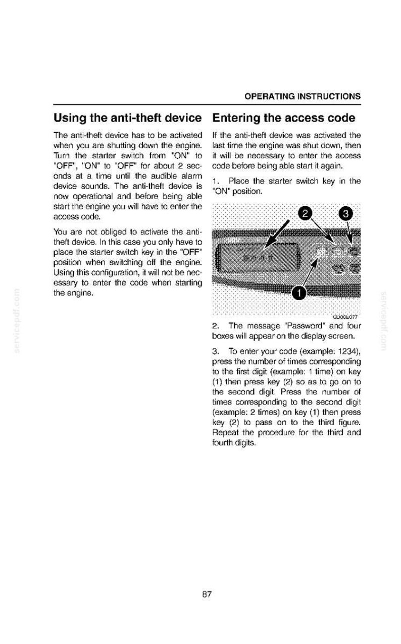 May include: A page from an instruction manual detailing the use of an anti-theft device. The text explains how to activate the device and enter an access code, with diagrams of a control panel and numbered buttons.