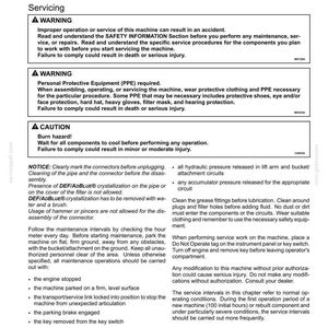 May include: A page from a maintenance manual with the title "7 - MAINTENANCE." The page includes warnings, cautions, and notices about servicing machinery, emphasizing safety precautions and procedures. Text is in black on a white background.
