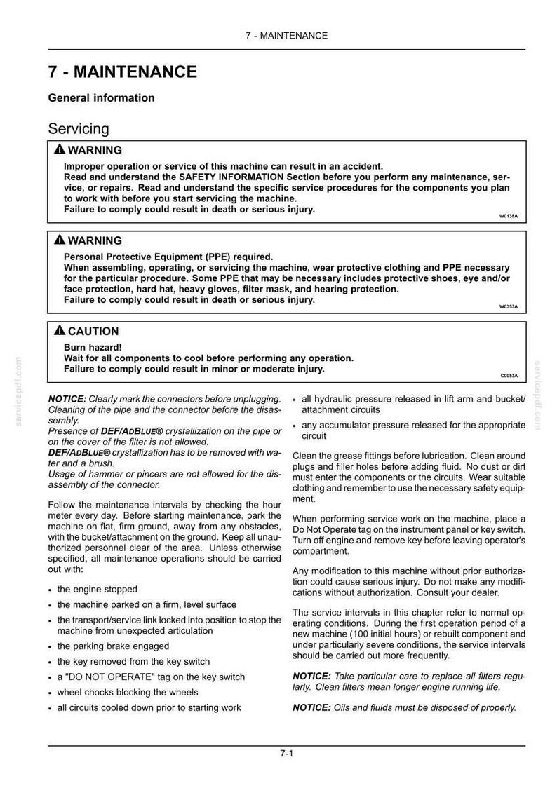 May include: A page from a maintenance manual with the title "7 - MAINTENANCE." The page includes warnings, cautions, and notices about servicing machinery, emphasizing safety precautions and procedures. Text is in black on a white background.