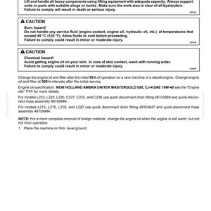 Puede incluir: Una p&aacute;gina de documento t&eacute;cnico titulada 7 - MAINTENANCE Engine oil and filter. Contiene advertencias de seguridad sobre objetos pesados, riesgos de quemaduras a 49 &deg;C y riesgos qu&iacute;micos. Enumera intervalos de cambio de aceite y n&uacute;meros de pieza.