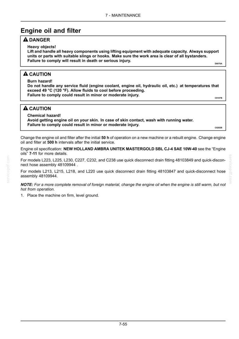 Puede incluir: Una p&aacute;gina de documento t&eacute;cnico titulada 7 - MAINTENANCE Engine oil and filter. Contiene advertencias de seguridad sobre objetos pesados, riesgos de quemaduras a 49 &deg;C y riesgos qu&iacute;micos. Enumera intervalos de cambio de aceite y n&uacute;meros de pieza.