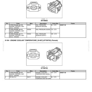 May include: Diagram of electrical connectors and wiring information for automotive systems. Includes illustrations of rail pressure sensors and engine coolant temperature sensors, with pin assignments, wire descriptions, and color-size details.