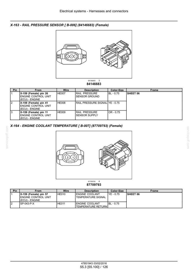 May include: Diagram of electrical connectors and wiring information for automotive systems. Includes illustrations of rail pressure sensors and engine coolant temperature sensors, with pin assignments, wire descriptions, and color-size details.