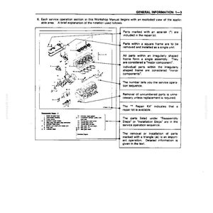 Puede incluir: Una p&aacute;gina t&eacute;cnica en blanco y negro de un manual de taller titulada General Information 1-3. Presenta un diagrama de vista explosionada de un conjunto de motor con piezas numeradas, una lista de pasos de desmontaje y una tabla explicativa.