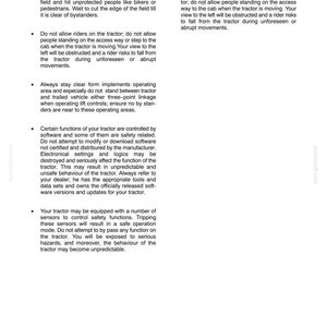 May include: A page titled SECTION 1 - GENERAL INFORMATION AND SAFETY containing text about tractor operation, safety precautions, and sensor functions. The document includes instructions regarding riders, operating areas, software modifications, and sensor usage.