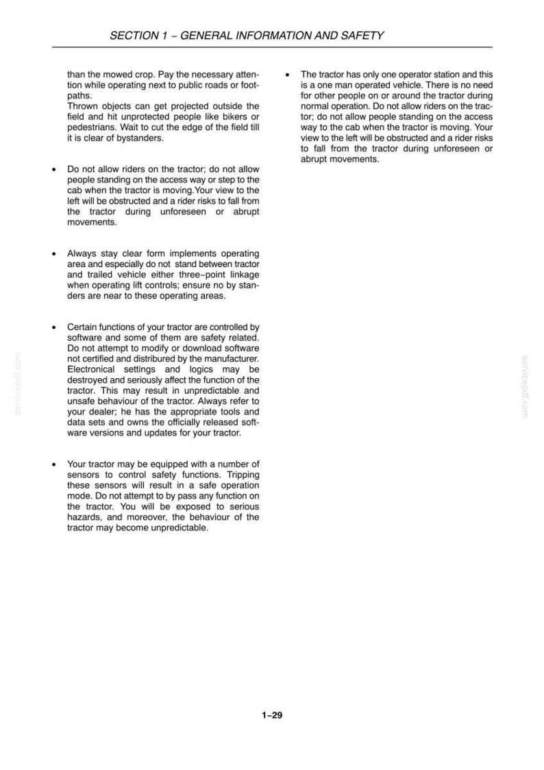May include: A page titled SECTION 1 - GENERAL INFORMATION AND SAFETY containing text about tractor operation, safety precautions, and sensor functions. The document includes instructions regarding riders, operating areas, software modifications, and sensor usage.