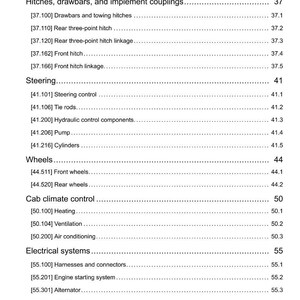 May include: A detailed table of contents from a manual, listing various tractor systems and components. Sections include hitches, steering, wheels, cab climate control, and electrical systems. The document is dated 10/03/2015.