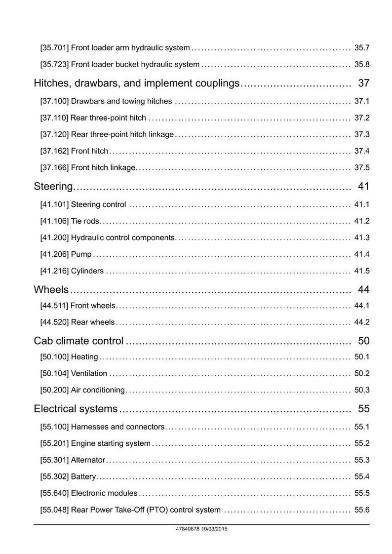 May include: A detailed table of contents from a manual, listing various tractor systems and components. Sections include hitches, steering, wheels, cab climate control, and electrical systems. The document is dated 10/03/2015.
