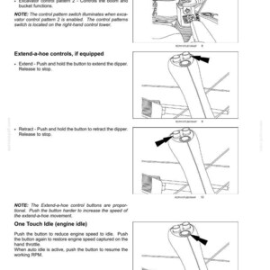 May include: Diagram of a backhoe control panel with labels. Includes the right-hand backhoe control lever, extend-a-hoe controls, and one-touch idle controls. The image provides instructions for operating the machinery.