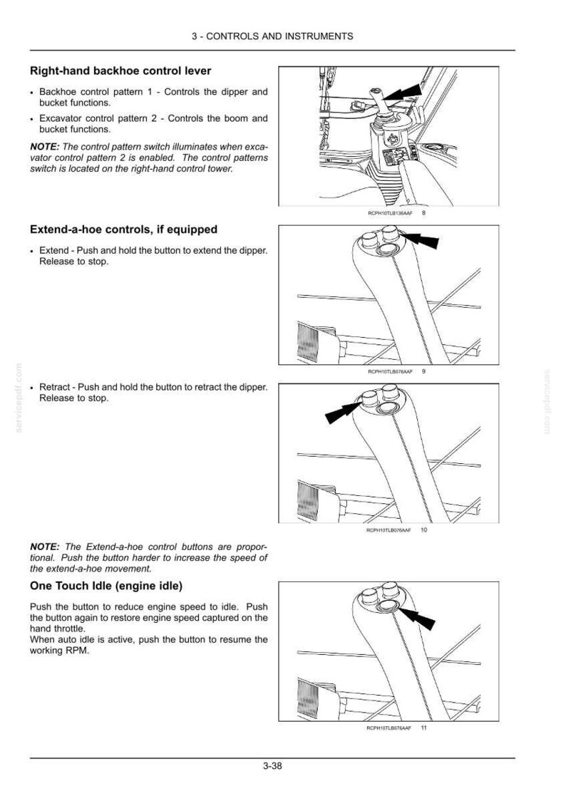 May include: Diagram of a backhoe control panel with labels. Includes the right-hand backhoe control lever, extend-a-hoe controls, and one-touch idle controls. The image provides instructions for operating the machinery.