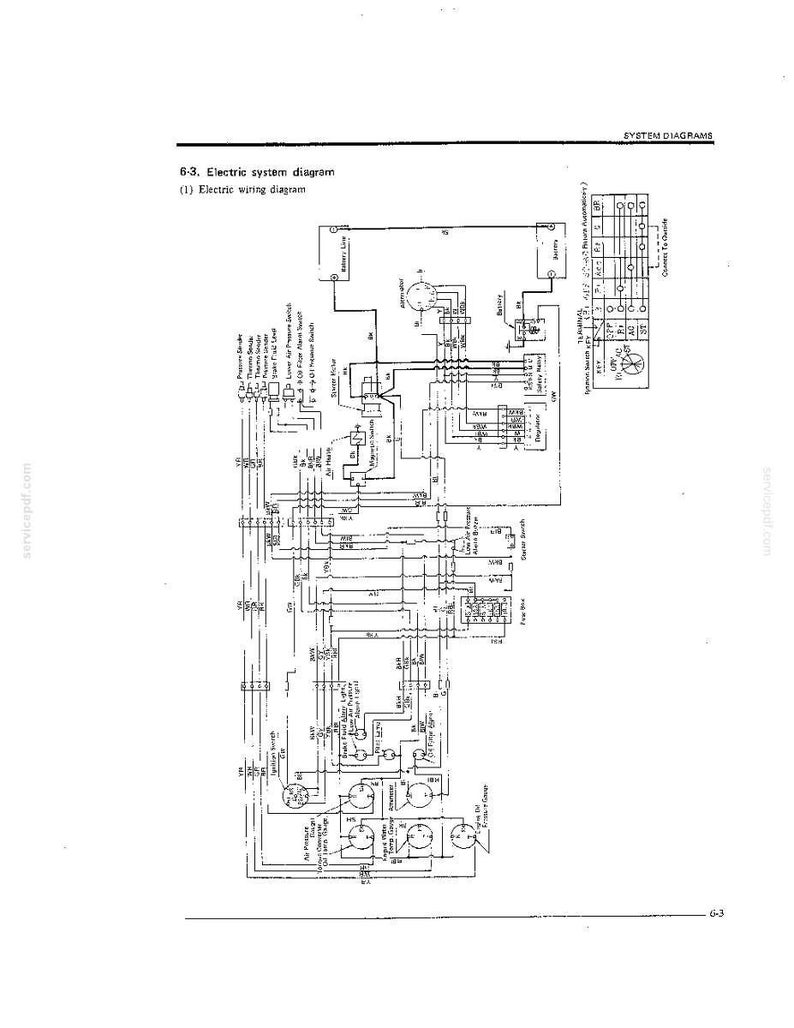 May include: A technical black and white electric system diagram labeled 6-3. Electric system diagram and (1) Electric wiring diagram. The document features complex schematic lines, electrical symbols, and text labels detailing connections for a battery, alternator, and various sensors.
