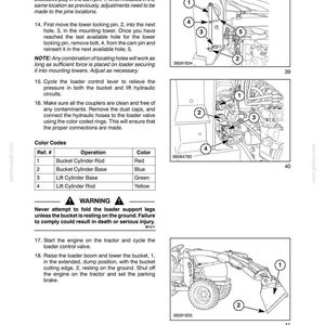 Peut inclure: Une page de manuel technique intitul&eacute;e SECTION 2 - OPERATION pr&eacute;sentant des dessins au trait en noir et blanc de composants de chargeur de tracteur, des sch&eacute;mas num&eacute;rot&eacute;s, un tableau de codes couleur pour les v&eacute;rins hydrauliques et des avertissements.