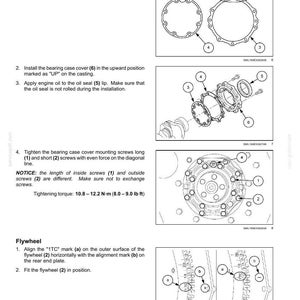 May include: Diagram of engine components, including bearing case cover, gaskets, and flywheel. Instructions detail assembly steps, with torque specifications in lb ft. The image includes labels and diagrams for clarity.