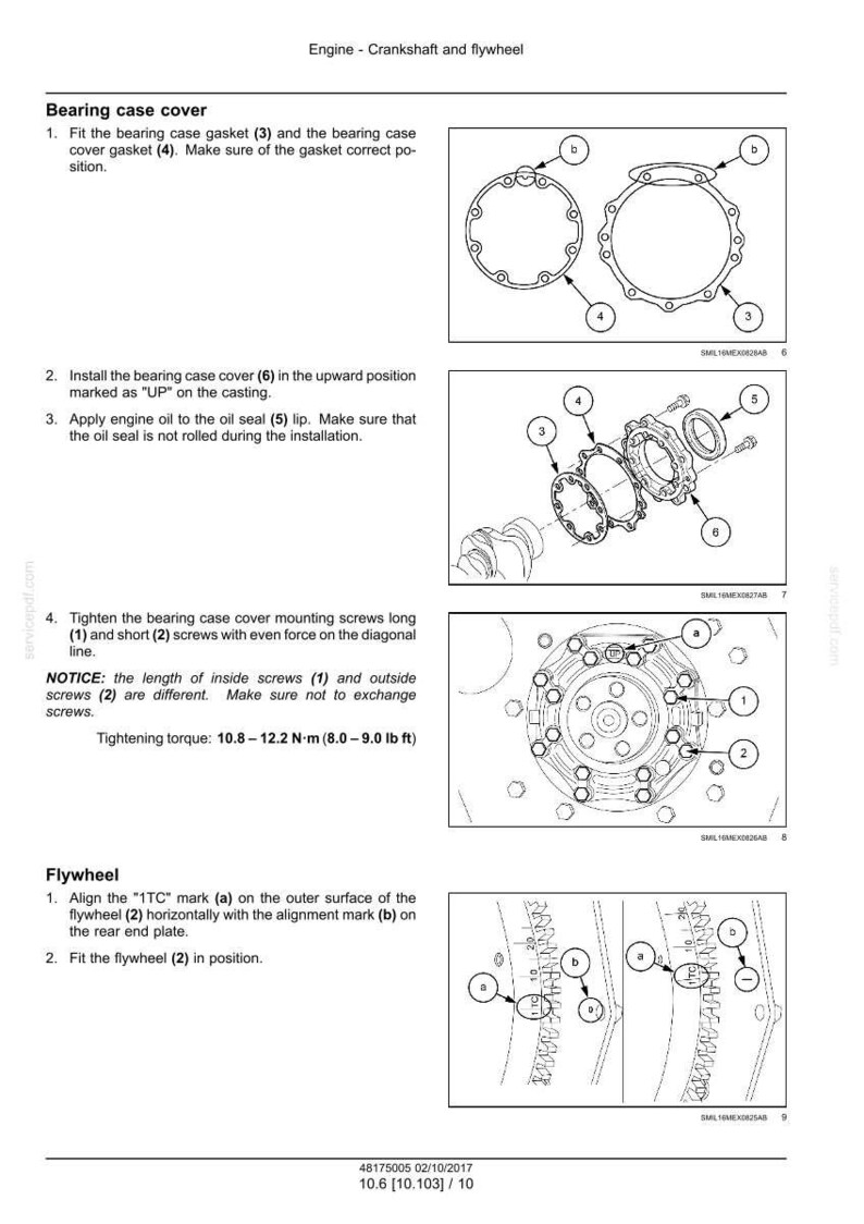 May include: Diagram of engine components, including bearing case cover, gaskets, and flywheel. Instructions detail assembly steps, with torque specifications in lb ft. The image includes labels and diagrams for clarity.