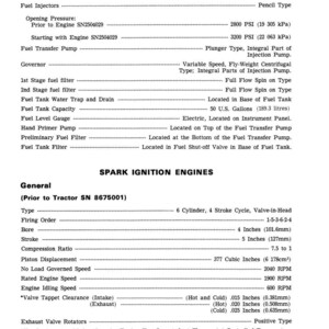 May include: A detailed technical document with specifications for spark ignition engines. Includes information on fuel systems, opening pressures, and engine specifications such as bore (4 inches/101.6mm) and stroke (5 inches/127mm).