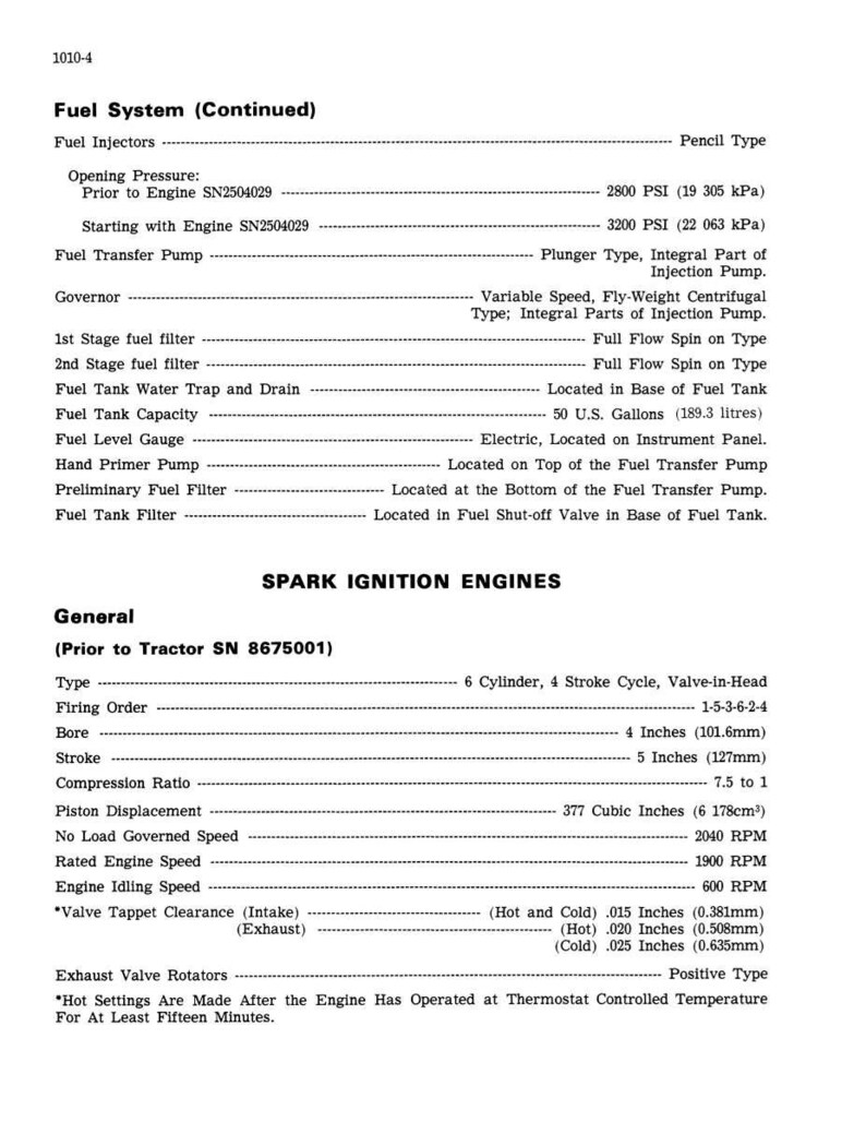 May include: A detailed technical document with specifications for spark ignition engines. Includes information on fuel systems, opening pressures, and engine specifications such as bore (4 inches/101.6mm) and stroke (5 inches/127mm).