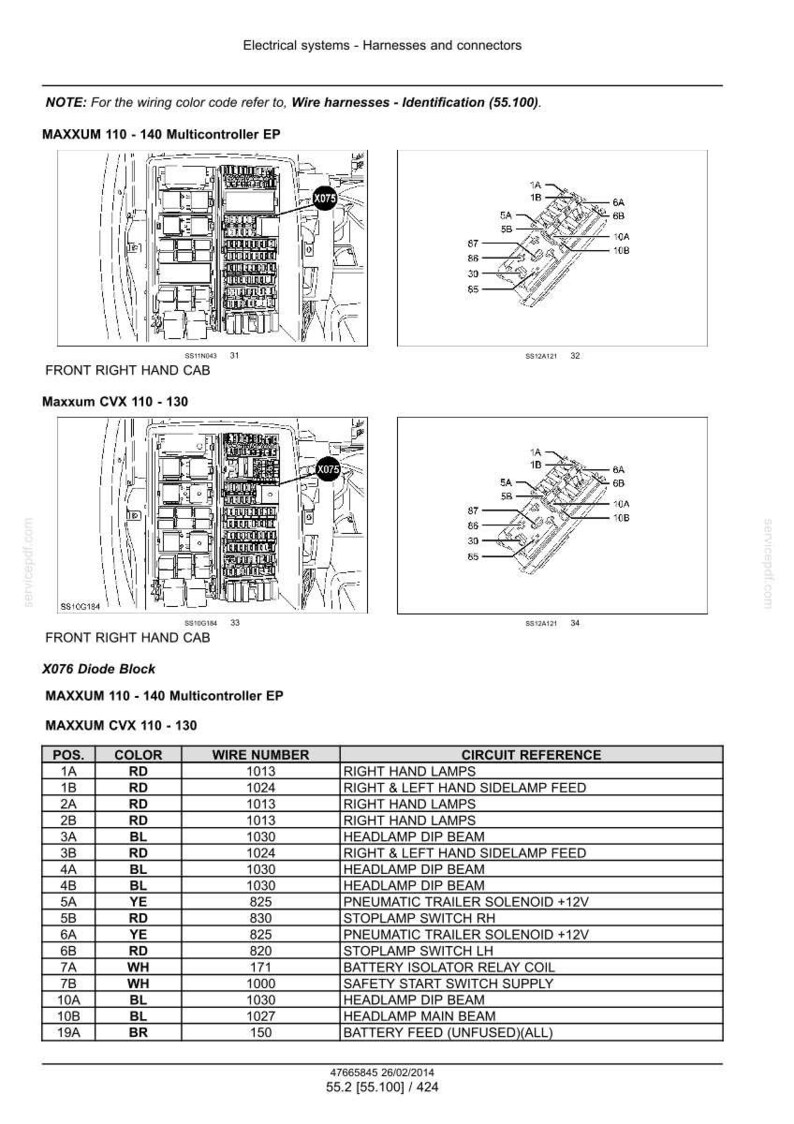 May include: Diagram of electrical systems, harnesses, and connectors. Includes diagrams of the front right-hand cab and a table detailing wire numbers, colors, and circuit references for Maxxum 110-140 and Maxxum CVX 110-130 models.