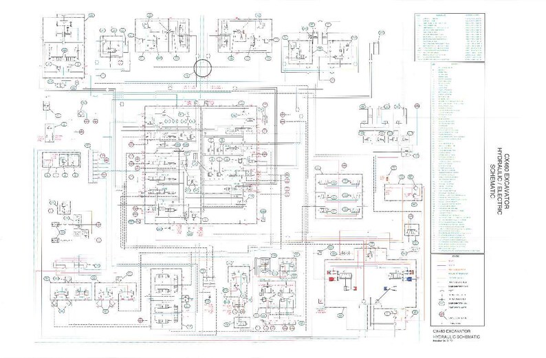 May include: A detailed schematic diagram for a CX460 excavator, featuring hydraulic and electric components. The diagram is filled with lines, symbols, and text, with a key on the right side. The overall color scheme is black, red, and blue on a white background.