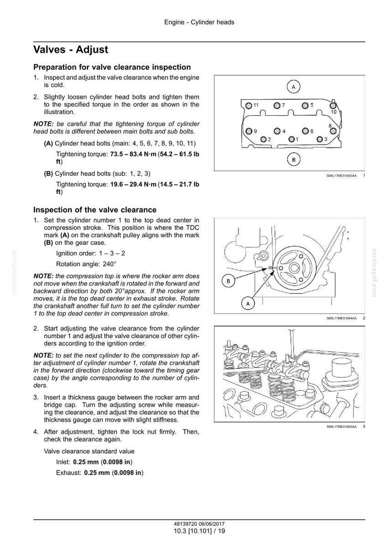 May include: Diagram of an engine cylinder head with numbered bolt locations and instructions for valve clearance inspection. Includes torque specifications in foot-pounds and inches, and valve clearance values in inches.
