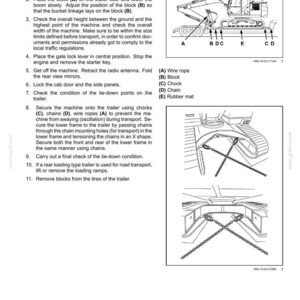 May include: Diagram illustrating transport operations for heavy machinery. The image shows an excavator on a trailer, with labels indicating parts like wire rope, block, chock, chain, and rubber mat. Instructions are provided.