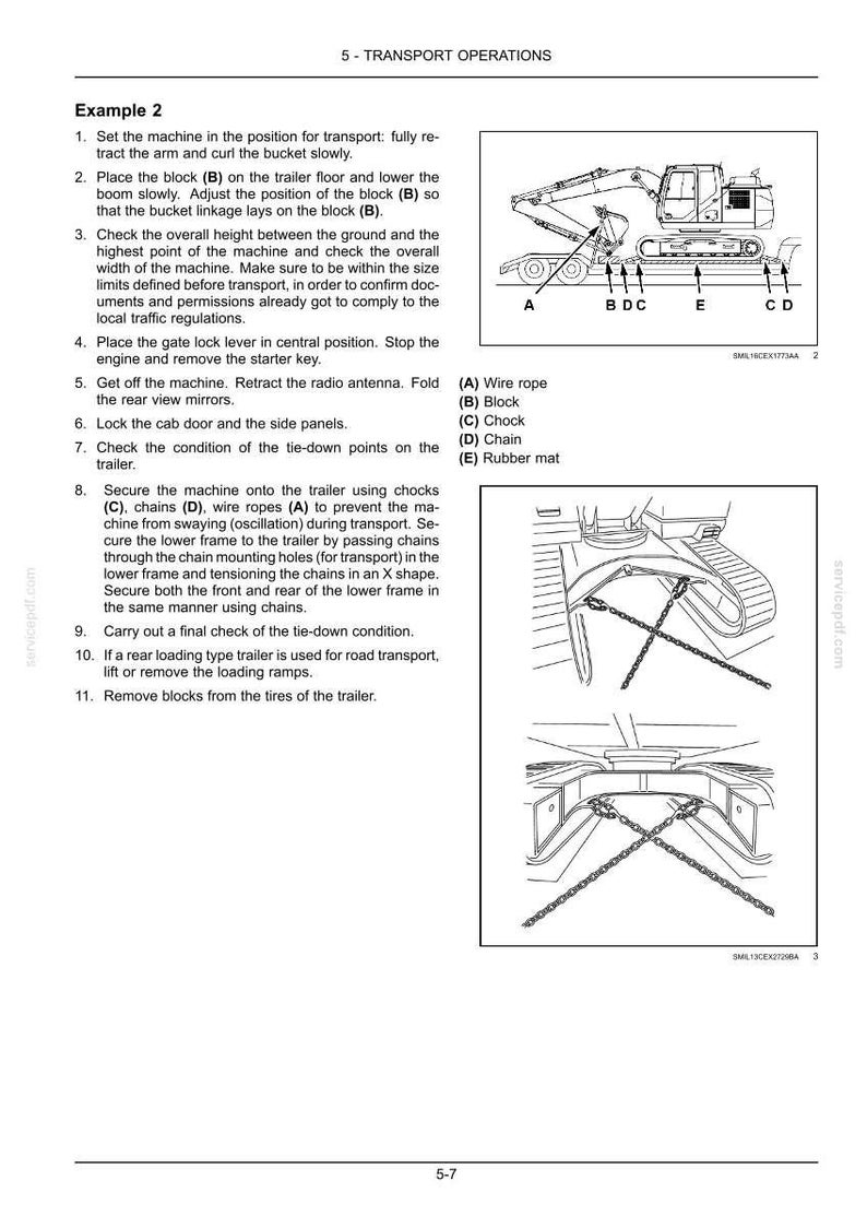May include: Diagram illustrating transport operations for heavy machinery. The image shows an excavator on a trailer, with labels indicating parts like wire rope, block, chock, chain, and rubber mat. Instructions are provided.