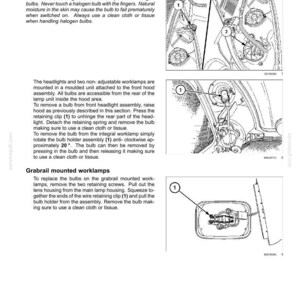 May include: A technical manual page titled 7-MAINTENANCE, detailing bulb replacement for headlights and worklamps. It includes black and white line drawings with numbered callouts, instructional text, and safety notices regarding halogen bulbs.