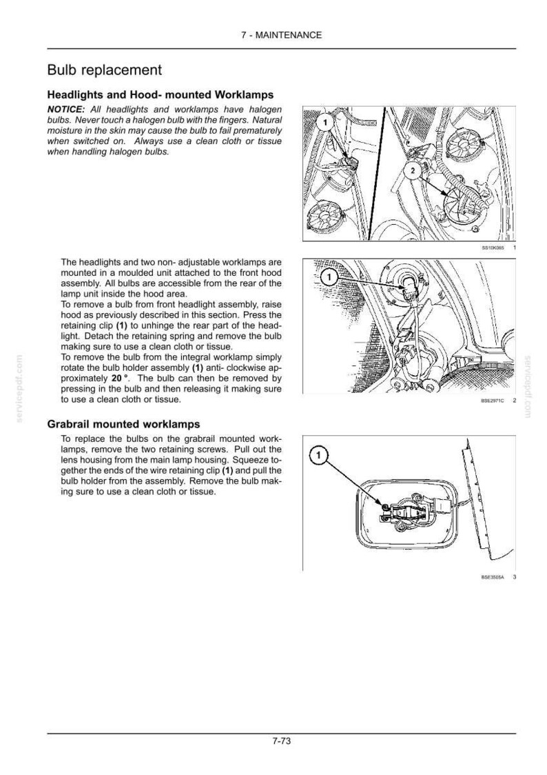May include: A technical manual page titled 7-MAINTENANCE, detailing bulb replacement for headlights and worklamps. It includes black and white line drawings with numbered callouts, instructional text, and safety notices regarding halogen bulbs.