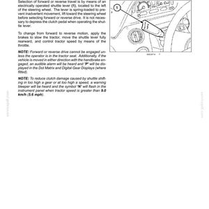 Pode incluir: Uma p&aacute;gina de manual t&eacute;cnico intitulada 6-WORKING OPERATIONS, TRANSMISSION, SHUTTLE LEVER. Inclui instru&ccedil;&otilde;es de texto e um desenho de linha a preto e branco mostrando o volante de um trator e uma alavanca de invers&atilde;o marcada com o n&uacute;mero 1.