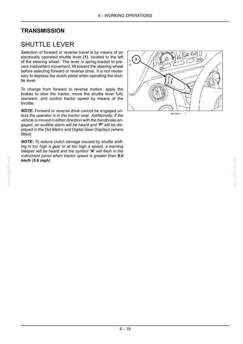 Pode incluir: Uma p&aacute;gina de manual t&eacute;cnico intitulada 6-WORKING OPERATIONS, TRANSMISSION, SHUTTLE LEVER. Inclui instru&ccedil;&otilde;es de texto e um desenho de linha a preto e branco mostrando o volante de um trator e uma alavanca de invers&atilde;o marcada com o n&uacute;mero 1.