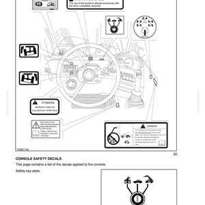 May include: Diagram of a vehicle's console with safety decals. The image includes text such as "Attention" and "Danger", along with various warning symbols and illustrations. The page is labeled "Chapter 1 - Safety Features and Vehicle Optional Safety."
