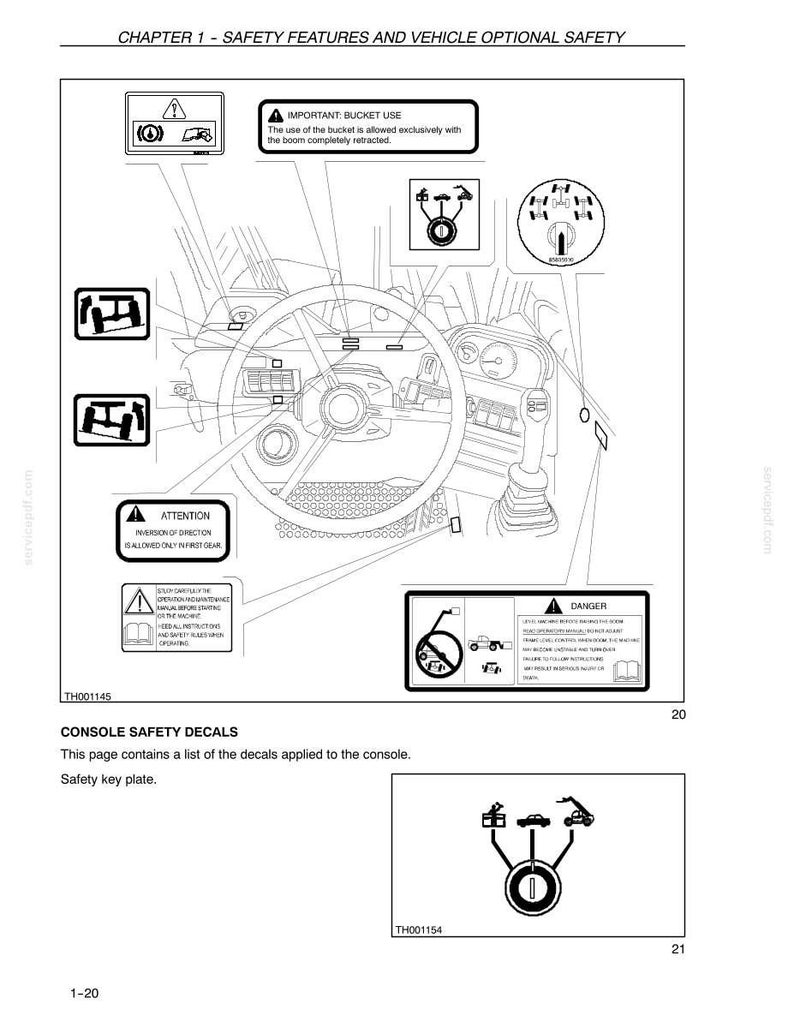 May include: Diagram of a vehicle's console with safety decals. The image includes text such as "Attention" and "Danger", along with various warning symbols and illustrations. The page is labeled "Chapter 1 - Safety Features and Vehicle Optional Safety."