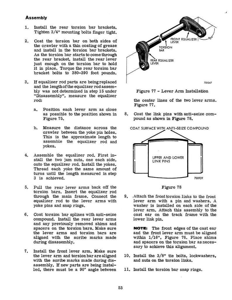 May include: Diagram of a vehicle suspension assembly with labeled parts including torsion bar, equalizer lever, and link pins. Instructions detail the installation process, including torque specifications and alignment procedures.