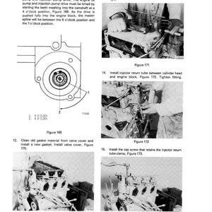May include: A technical manual page with diagrams and instructions for engine repair. The page includes figures 169, 170, 171, 172, and 173, with detailed steps for tasks like installing gaskets and tightening fittings. The text is in English.