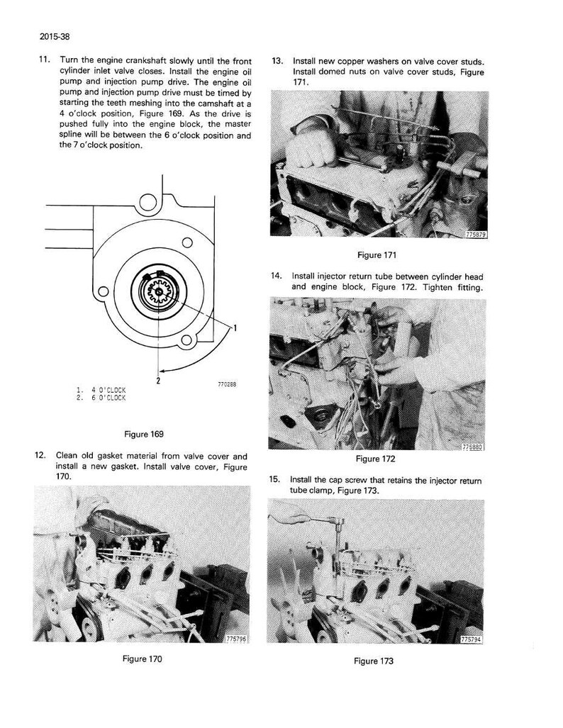 May include: A technical manual page with diagrams and instructions for engine repair. The page includes figures 169, 170, 171, 172, and 173, with detailed steps for tasks like installing gaskets and tightening fittings. The text is in English.